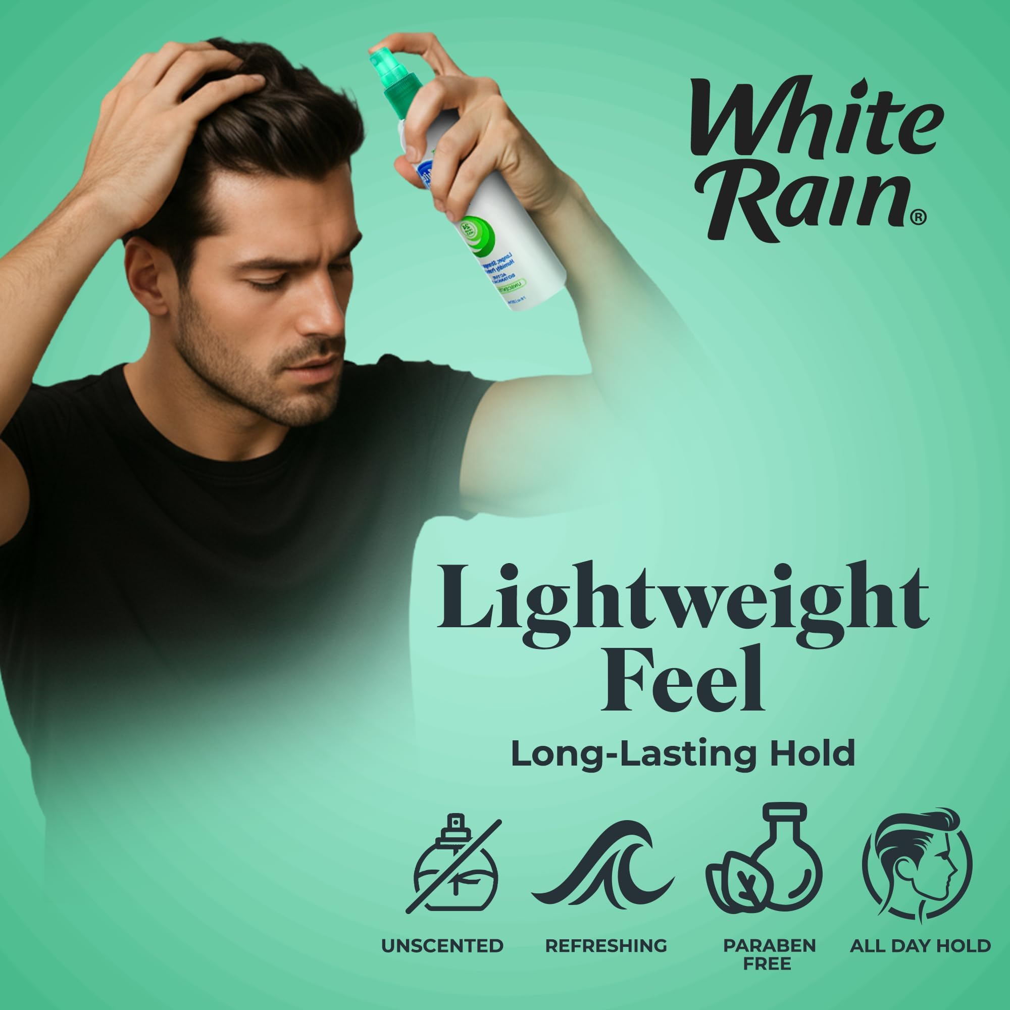 White Rain spray fijador con protección contra humedad y extractos botánicos para cabello saludable.