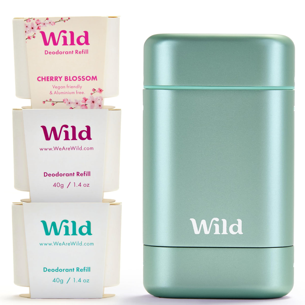 Wild aluminum-free deodorant starter kit with aqua case for easy long-term reuse.
