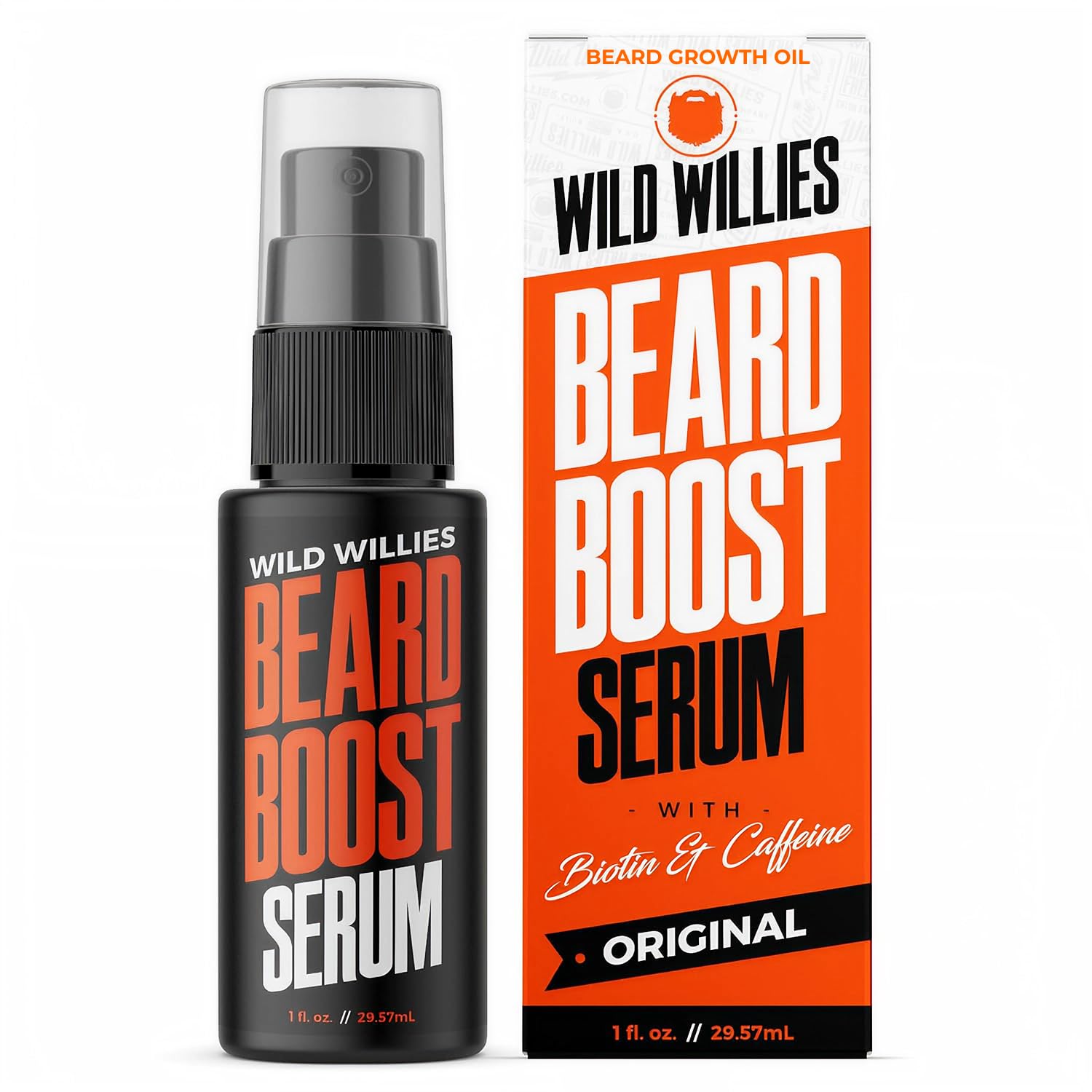 Wild Willies Beard Boost Serum bottle close-up, suggesting a fuller, well-groomed beard.