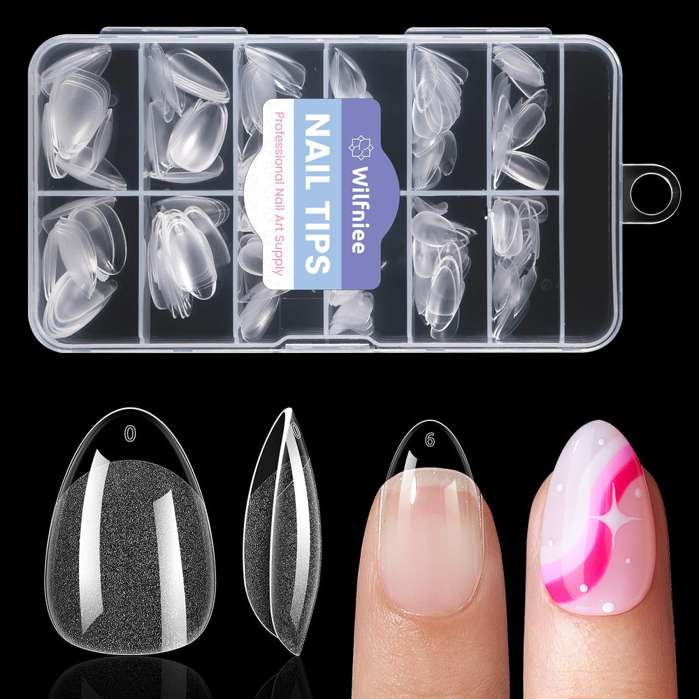 Wilfniee pack of extra-short almond nail tips for quick home extensions.