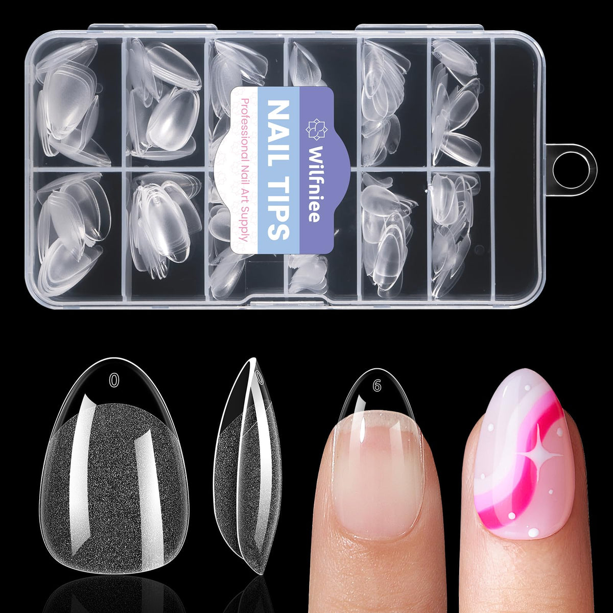 Wilfniee pack of extra-short almond nail tips for quick home extensions.
