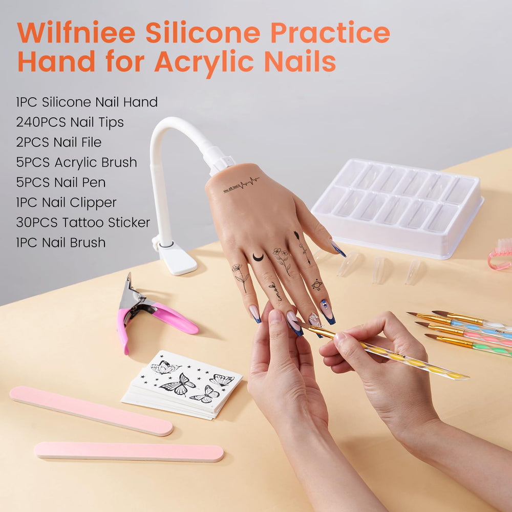Wilfniee practice hand showing flexible joints for natural finger movement during nail art