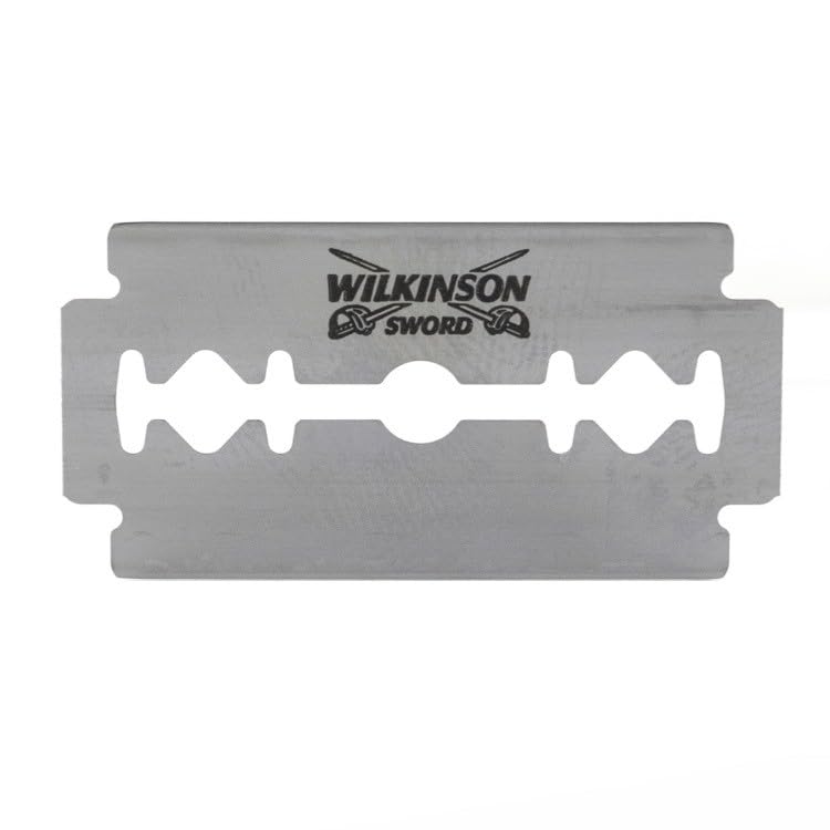 Wilkinson Sword Classic DE blades close-up edge shows consistent sharpness for precise grooming.