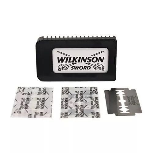 Wilkinson Sword Classic DE blades dispensing action suggests convenient blade swaps.