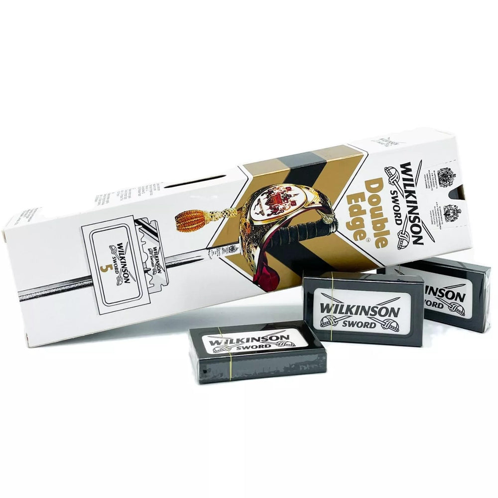 Wilkinson Sword Classic DE blades packaging varies for easy replacement in traditional razors.