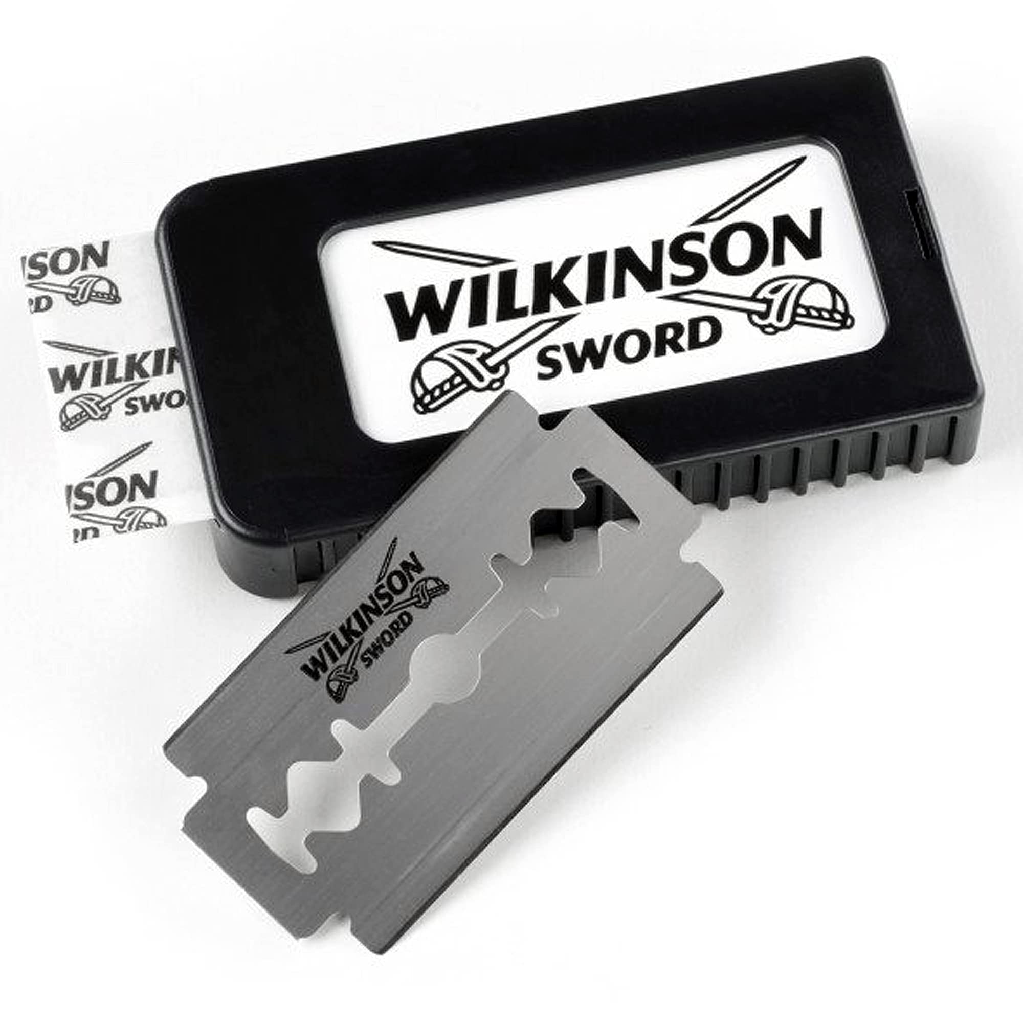 Wilkinson Sword Classic double-edge blades closeup-edge showcases sharpness for precise grooming.