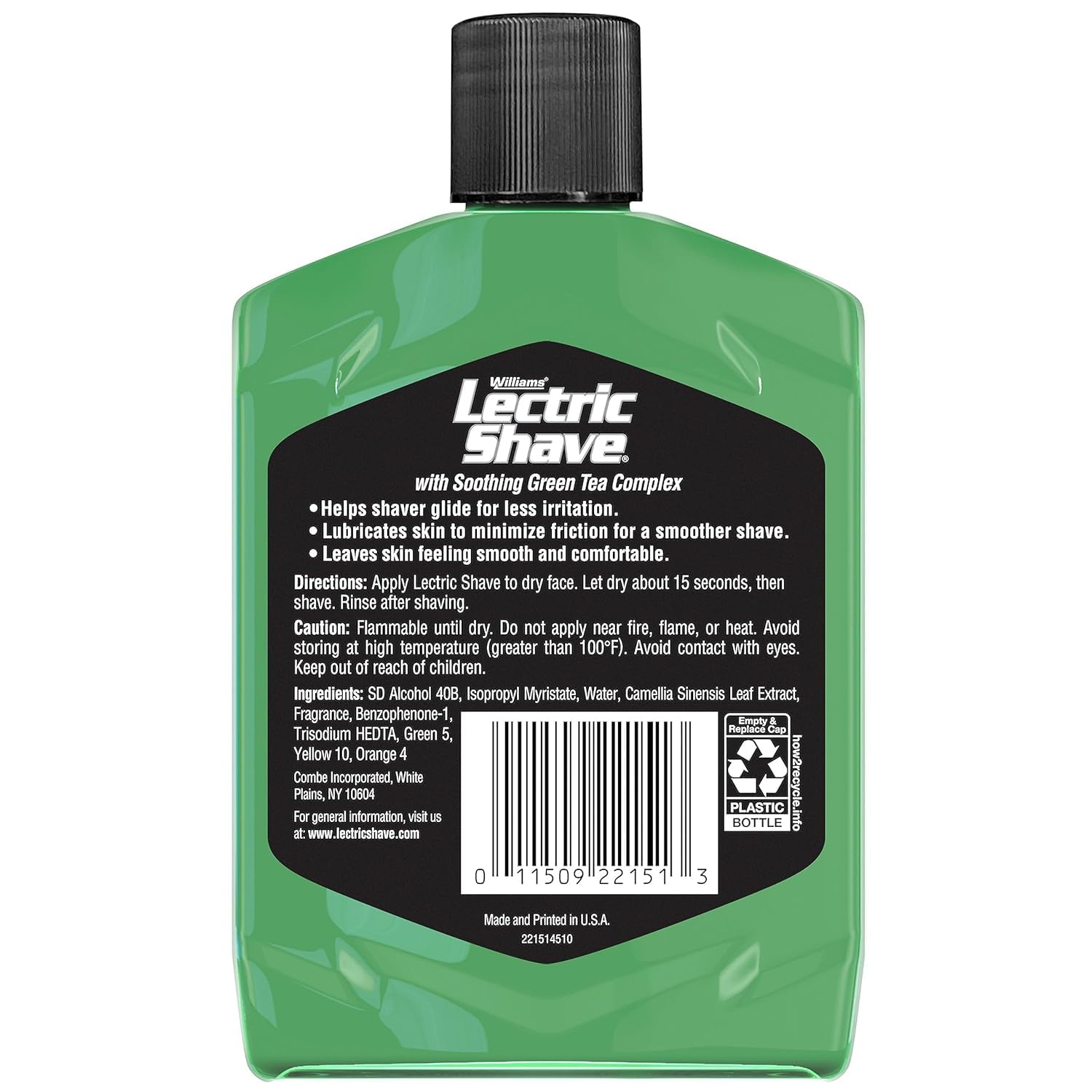 Williams Lectric Shave application on skin shows gentle prep with soothing green tea complex.