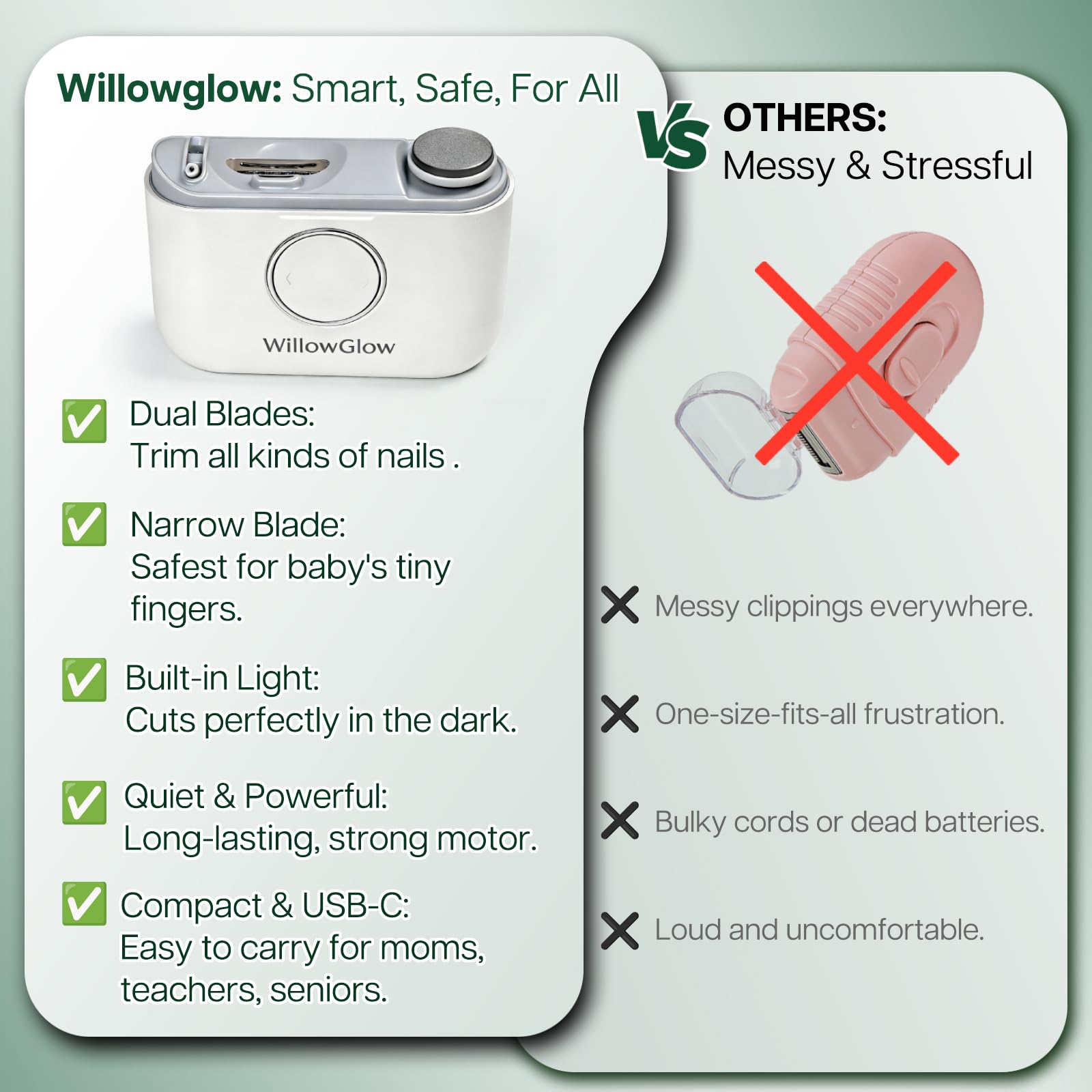WillowGlow anti-splash design keeps nails contained