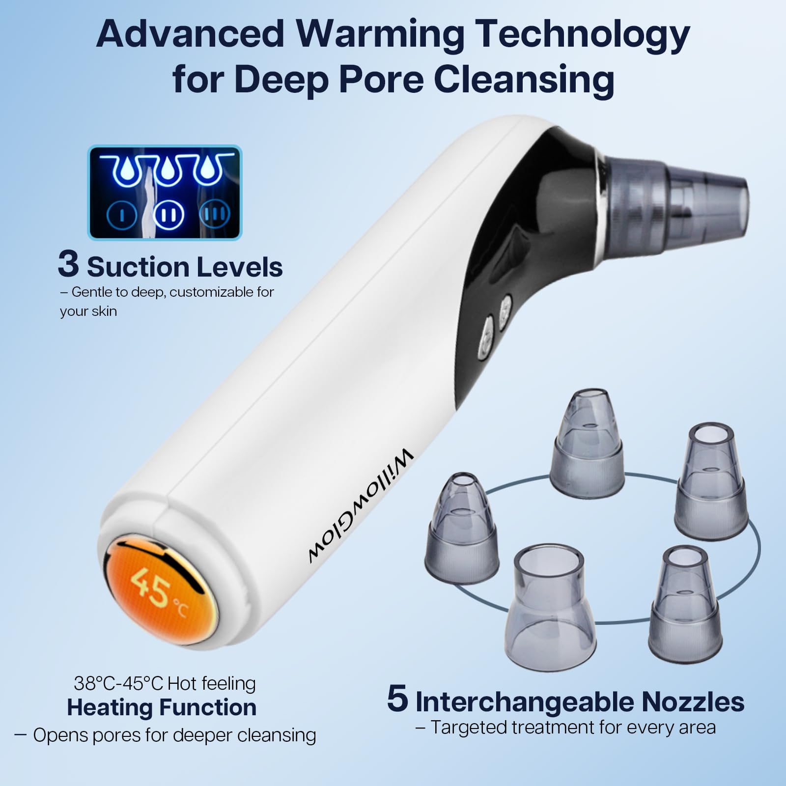 WillowGlow heated pore vacuum heat settings display showing temperature control