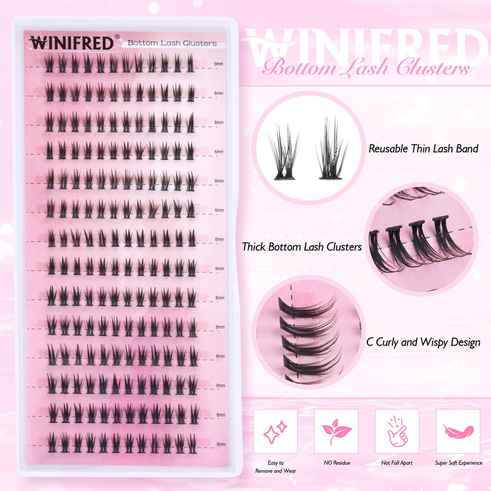 Close-up of Winifred bottom lash clusters on strip for precise placement