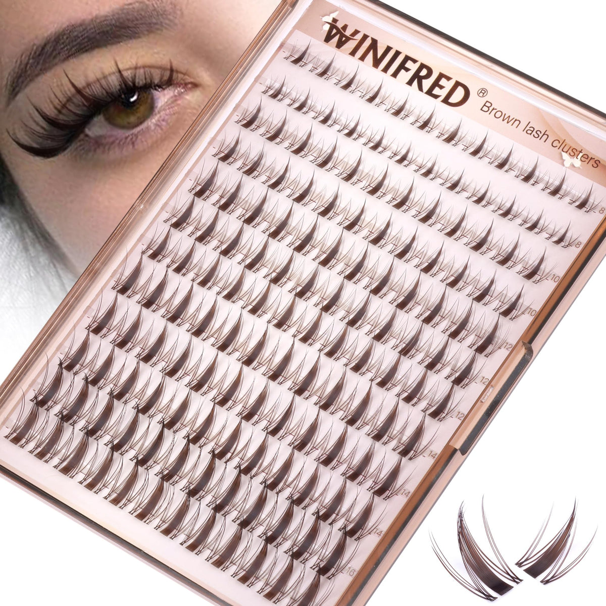 Winifred brown lash clusters 8-16mm with clear band for lightweight natural-length enhancement