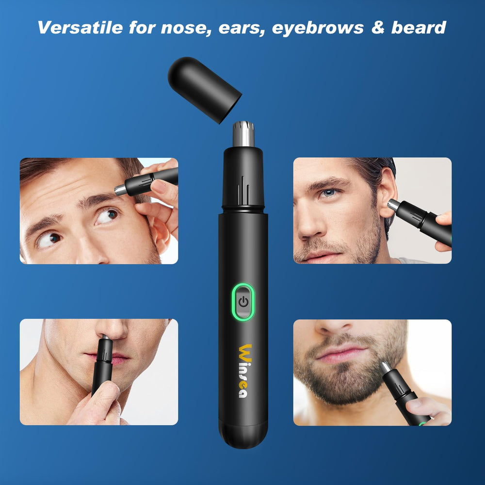 Winsea trimmer in use on nose, ears, and eyebrows for precise shaping.