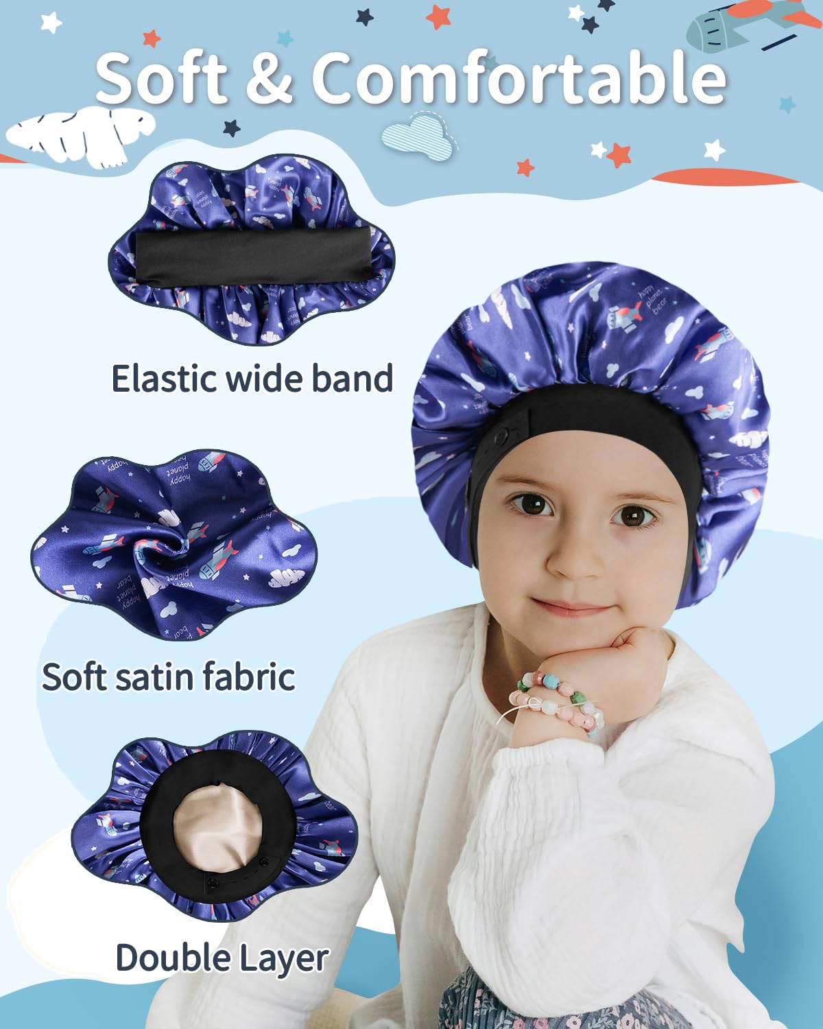 Bonete WINSTECK de satén, motivo ángel feliz, mantiene el cabello ordenado al dormir