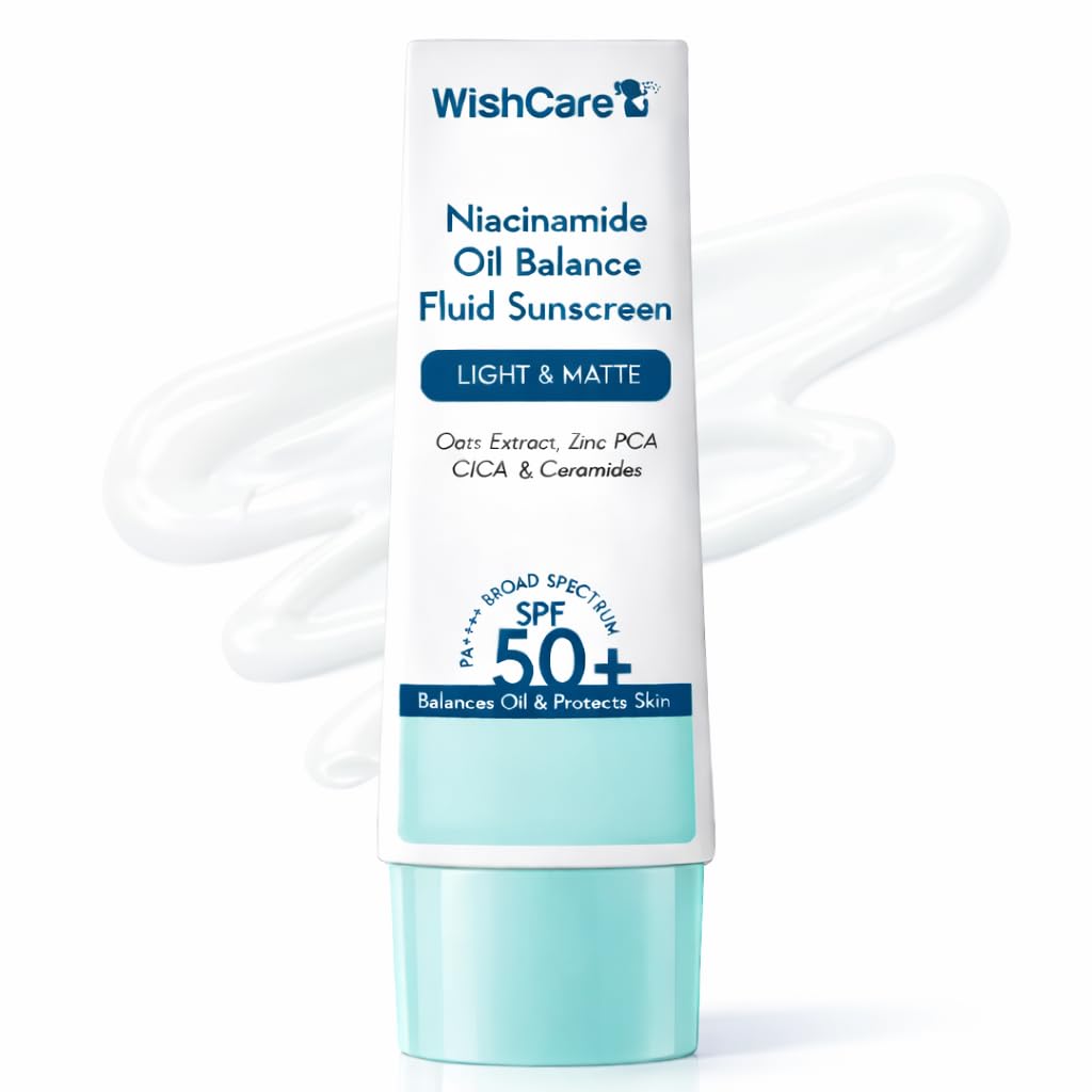 WishCare Niacinamide Oil Balance Fluid Sunscreen outer pack showing matte finish concept