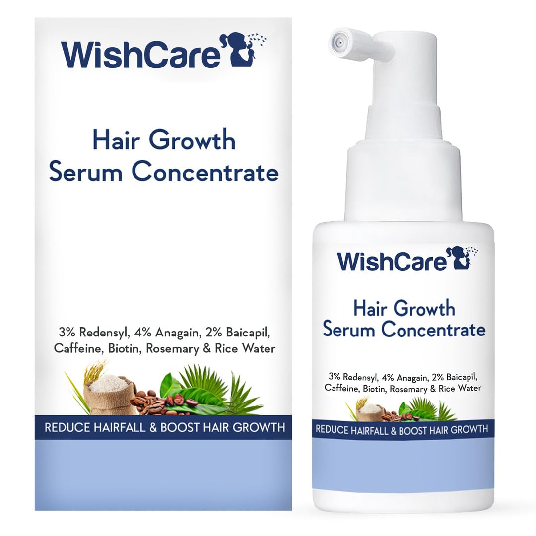 WishCare sérum crecimiento capilar, frasco compacto para uso diario en cuero cabelludo.