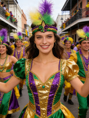Wittocs fleur-de-lis sequin headband with eco-friendly dyed feathers looks natural.