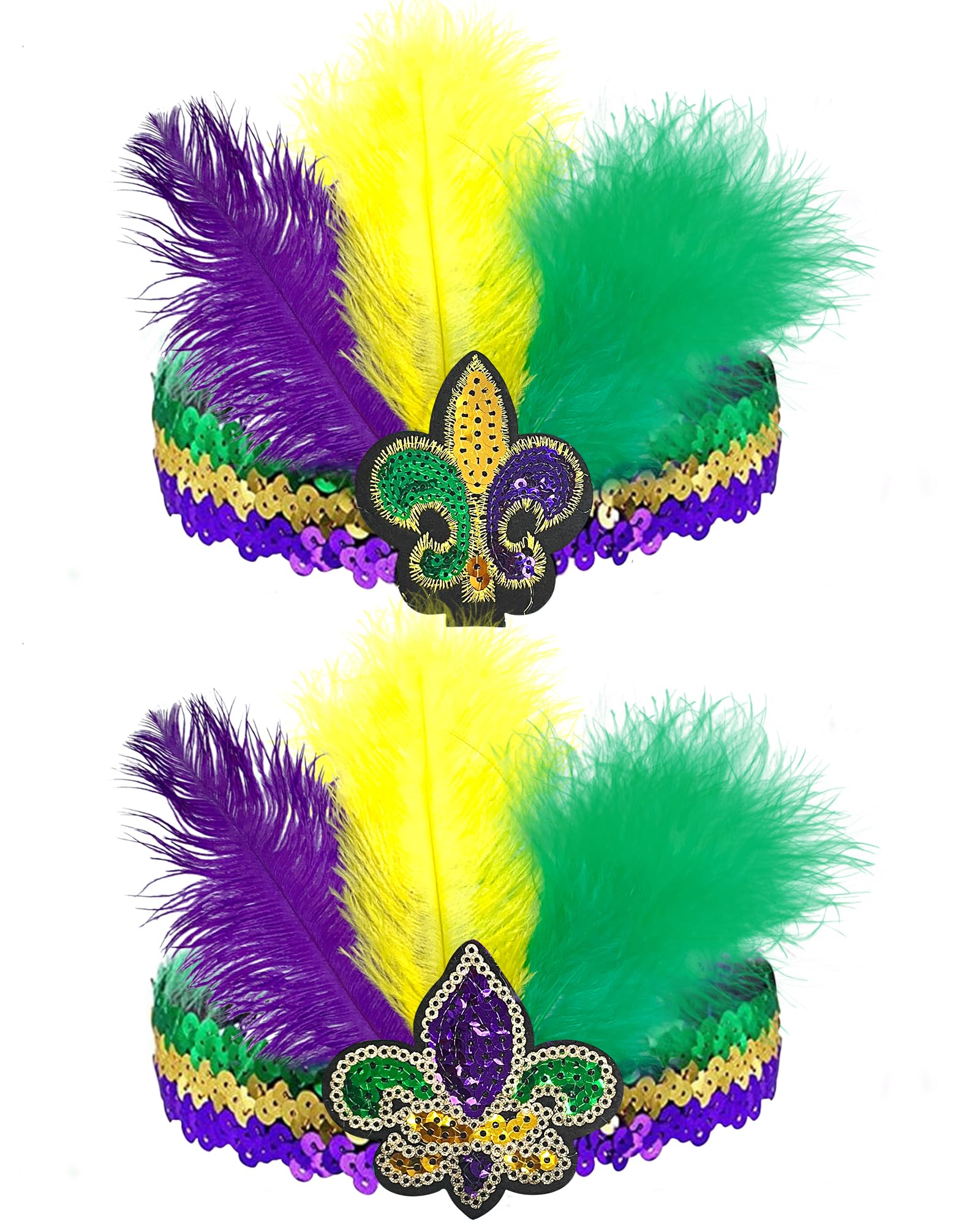 Wittocs Mardi Gras feather headband with multi-color plume adds festive flair.