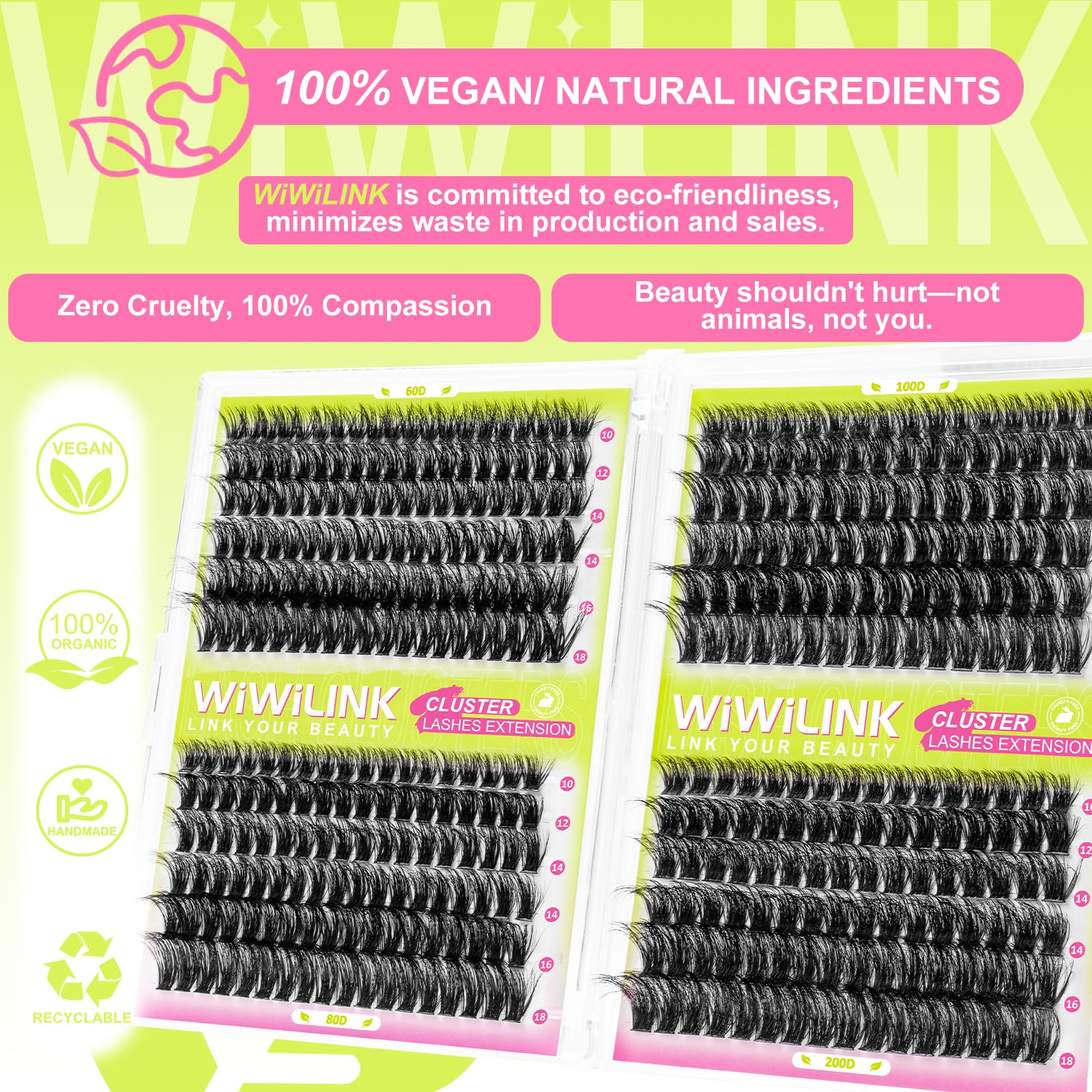 WiWiLINK fluffy lash clusters 60D-200D for lightweight volume.
