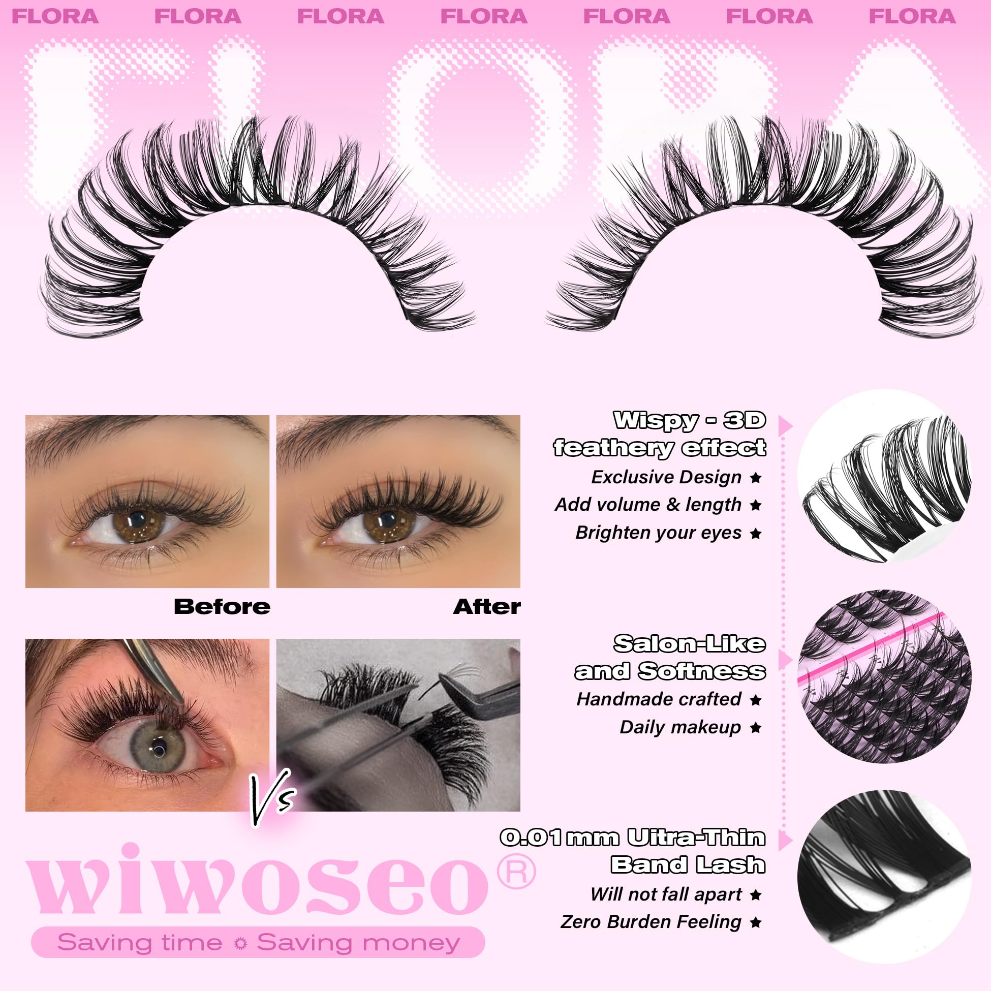 wiwoseo Flora Lash Clusters D-curly lift for subtle volume