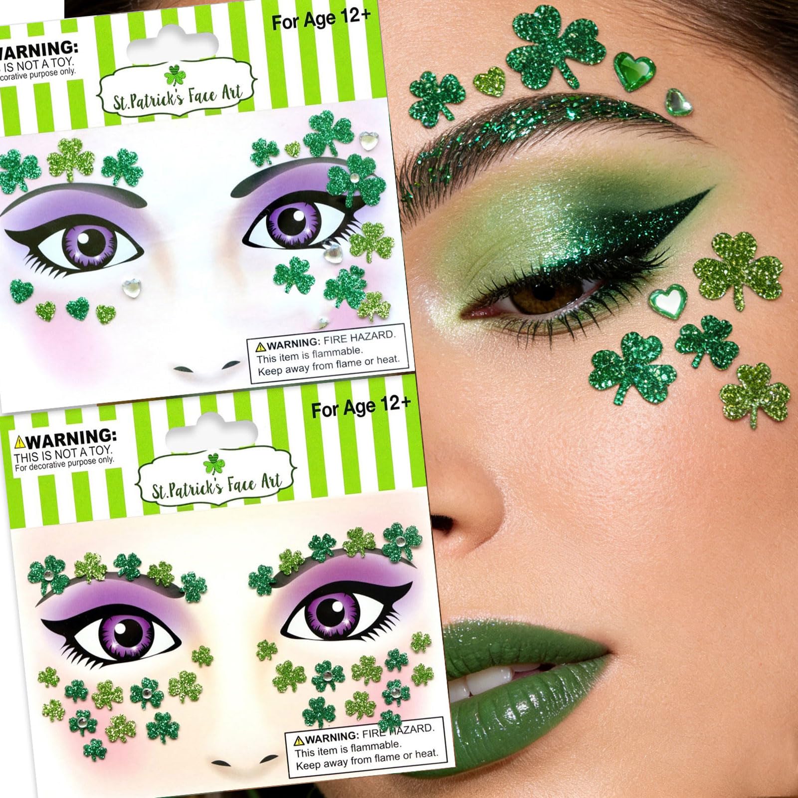 WIWUFUE brillo trebol esmeralda, pegatina facial para fiestas
