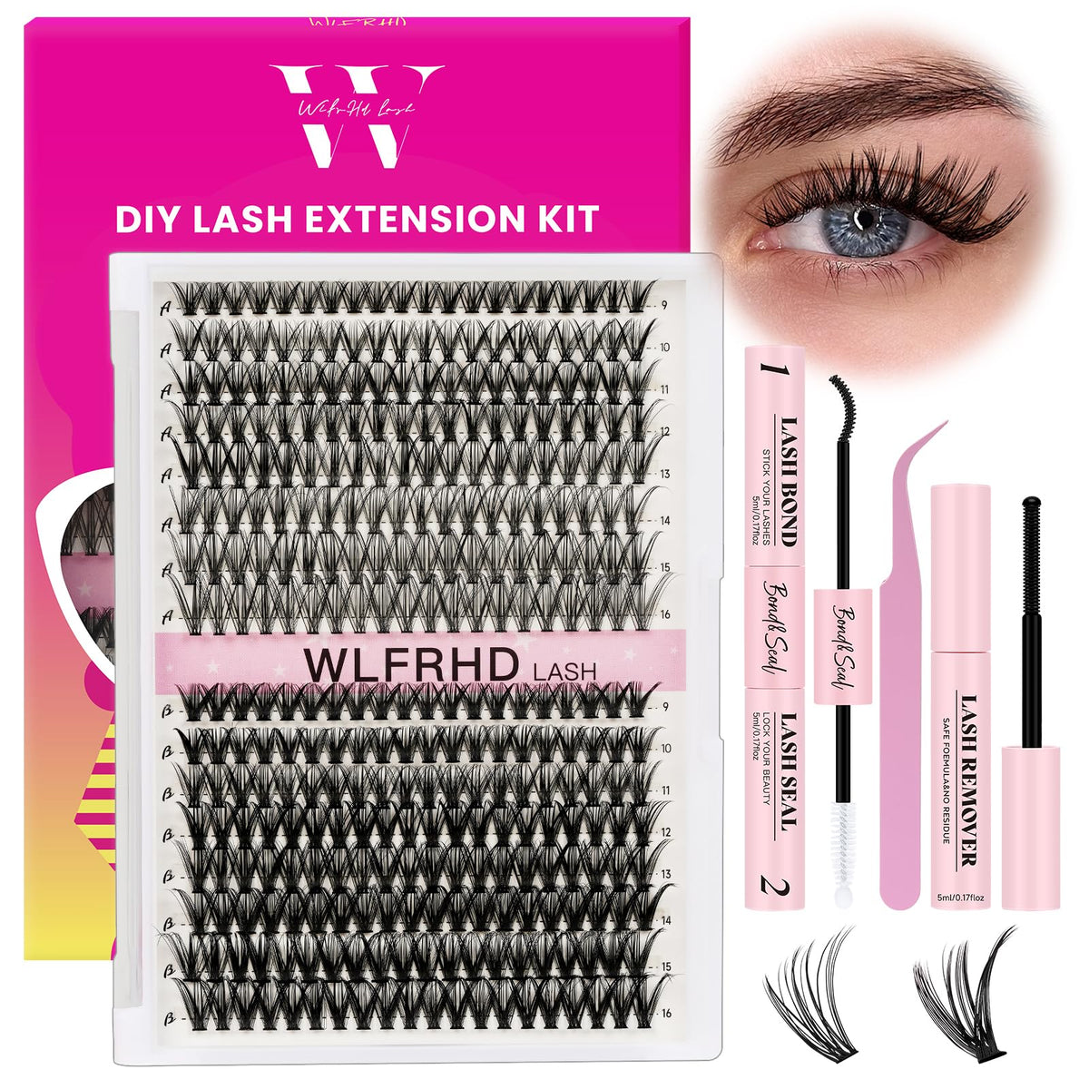 WLFRHD lash clusters kit with 320 D-curl clusters for quick, salon-like at-home lashes.