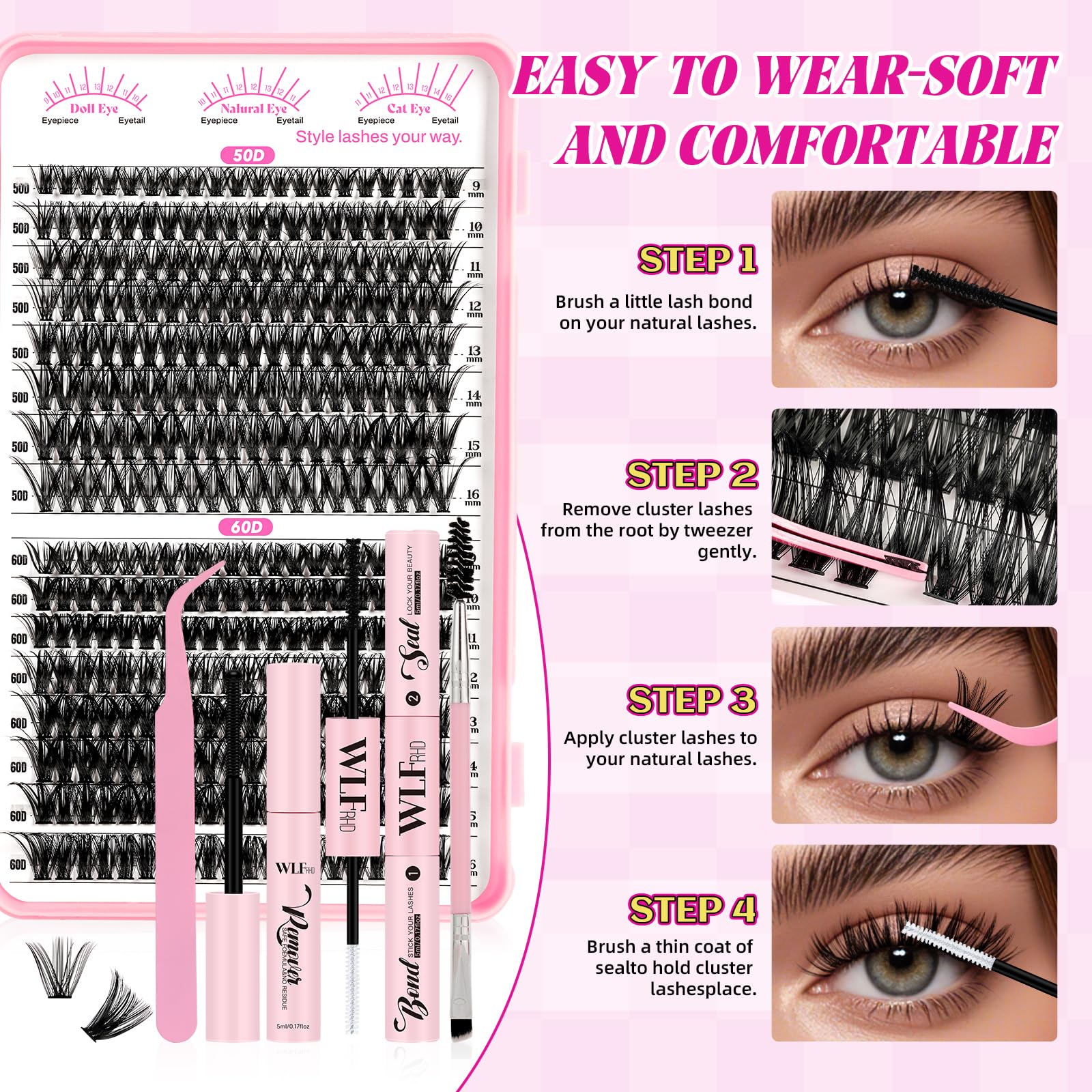 WLFRHD WLF Lash Clusters Kit mixed lengths 9-16mm for versatile styles.