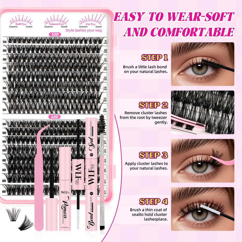 WLFRHD WLF Lash Clusters Kit mixed lengths 9-16mm for versatile styles.
