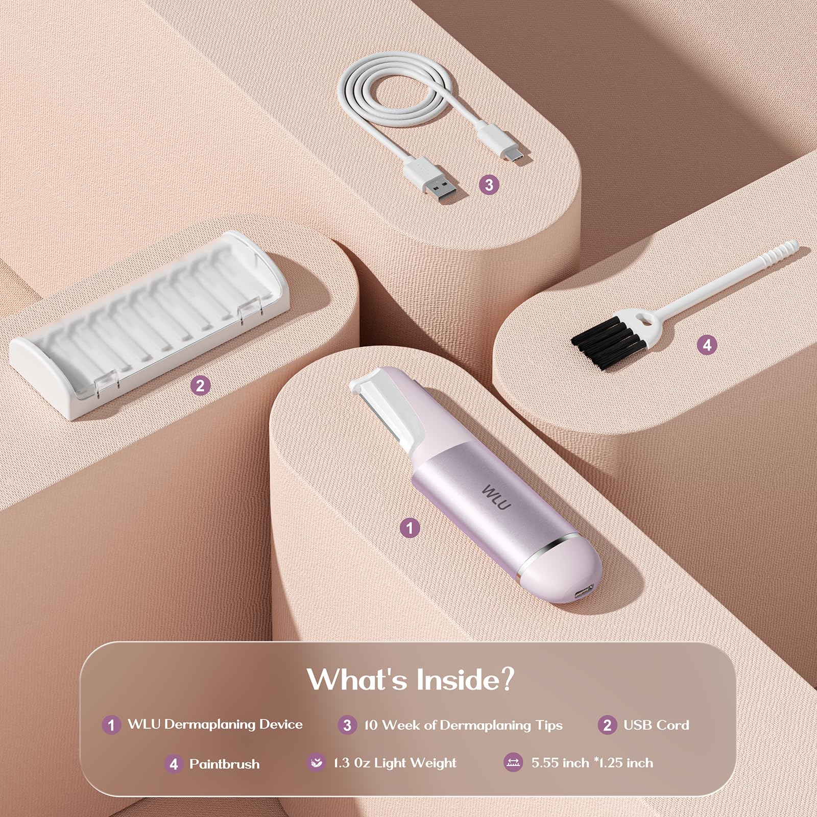 WLU Dermaplane Razor packaging and accessories illustrate a complete at-home dermaplaning kit.