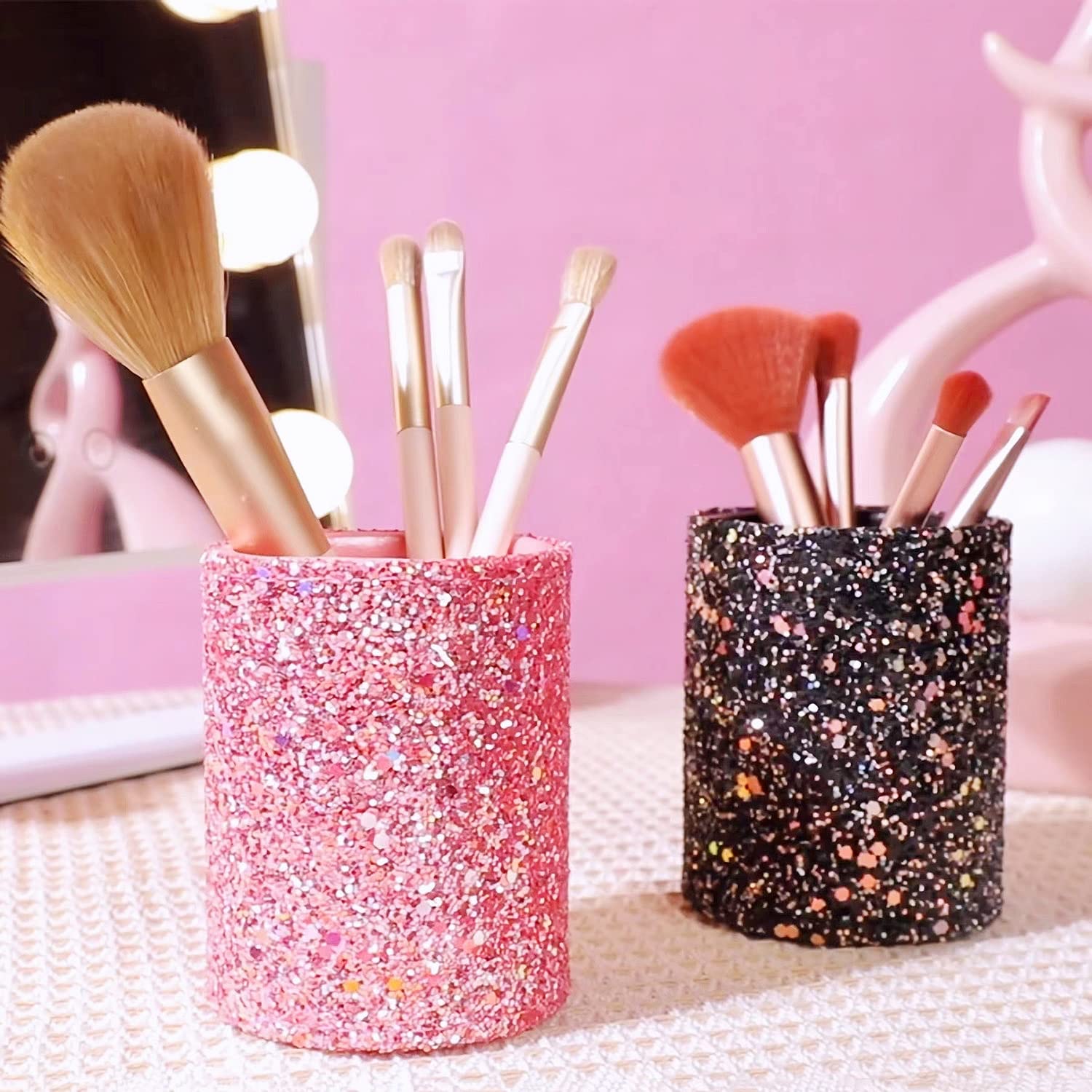 Wlz Bling Sequins makeup brush holder pink; easy-to-clean design.