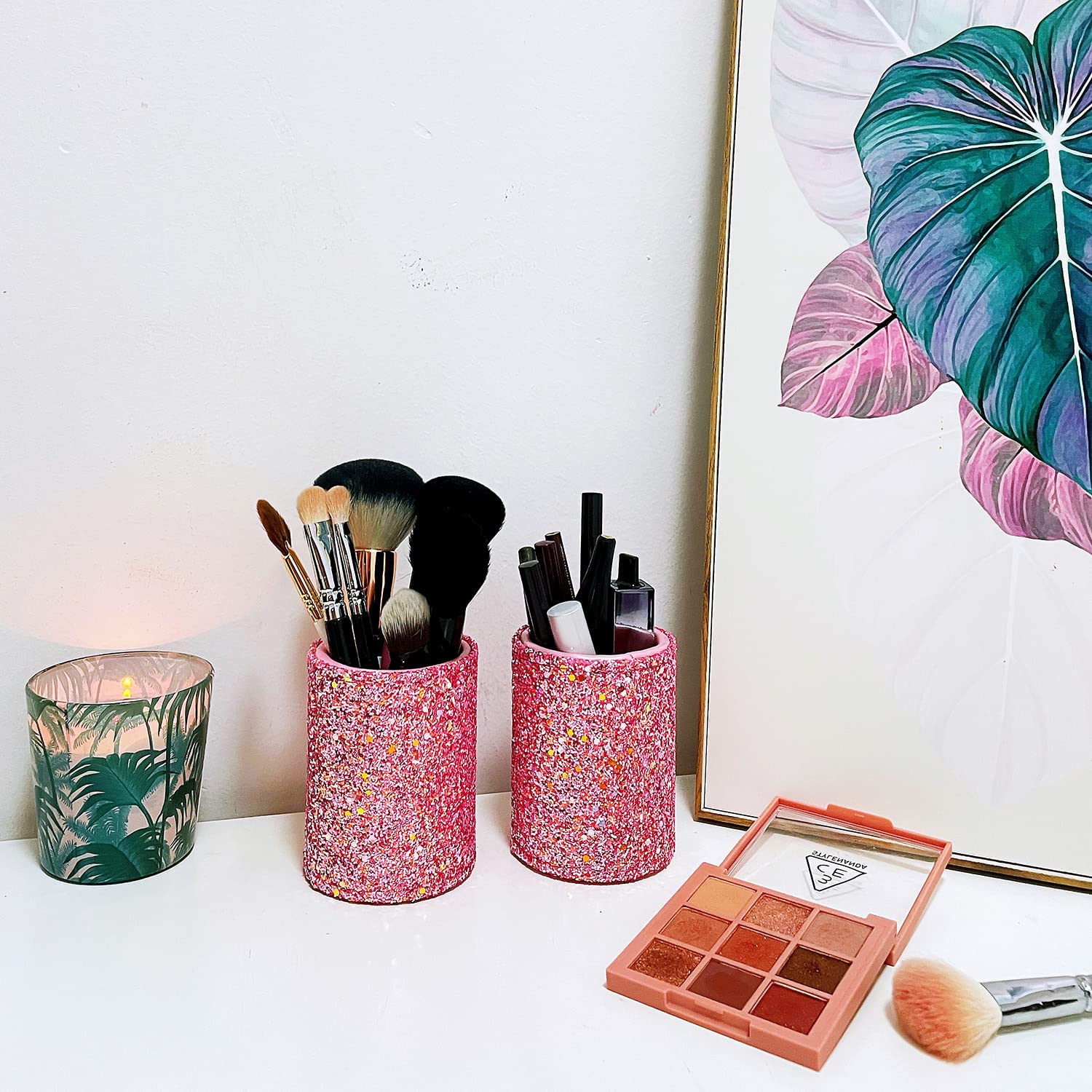 Wlz Bling Sequins makeup brush holder pink; vanity display and pen cup.