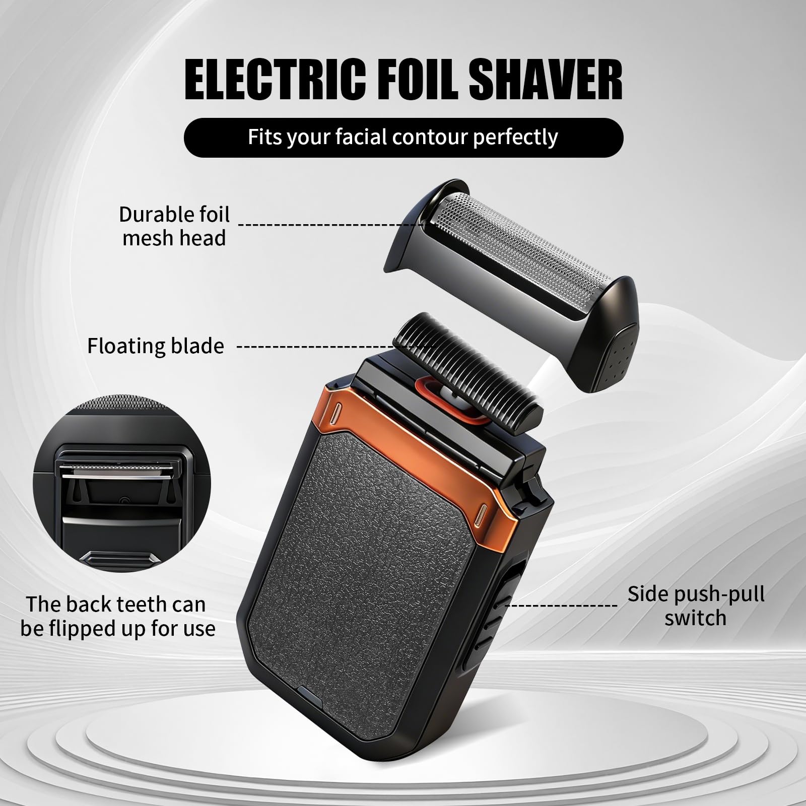 WMZR foil electric shaver featuring back blades for gentle facial shaving.