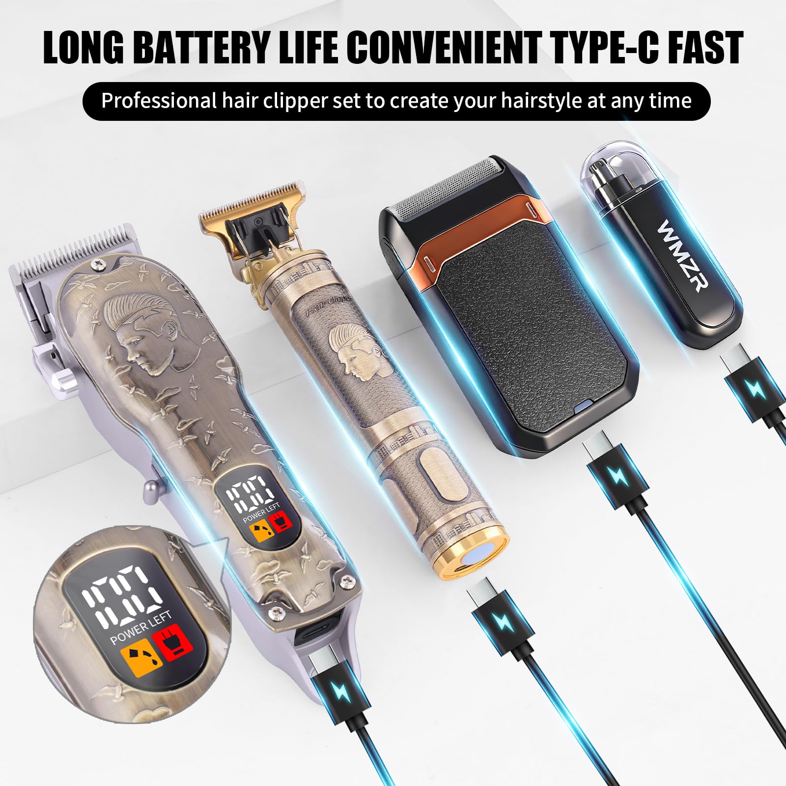 WMZR LED display shows battery life on the clipper for easy charging.