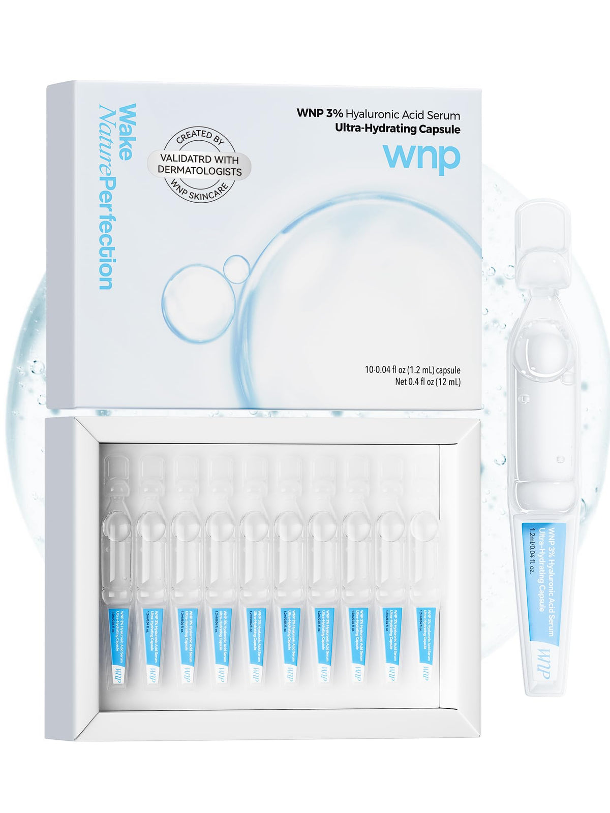 Sérum de WNP 3% hialurónico en viales de uso único para hidratación profunda.