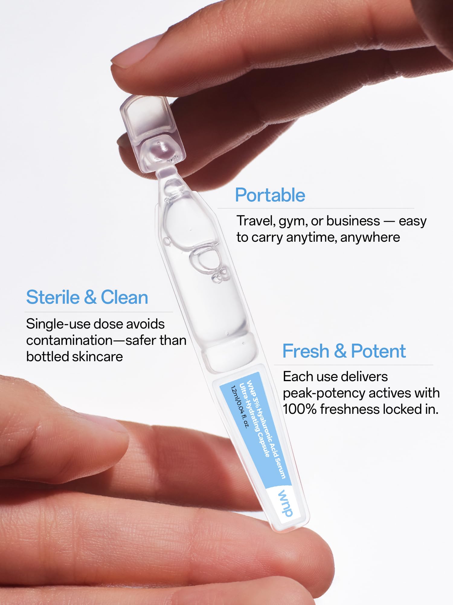 WNP Travel-friendly single-use vials fit in bags for on-the-go routines