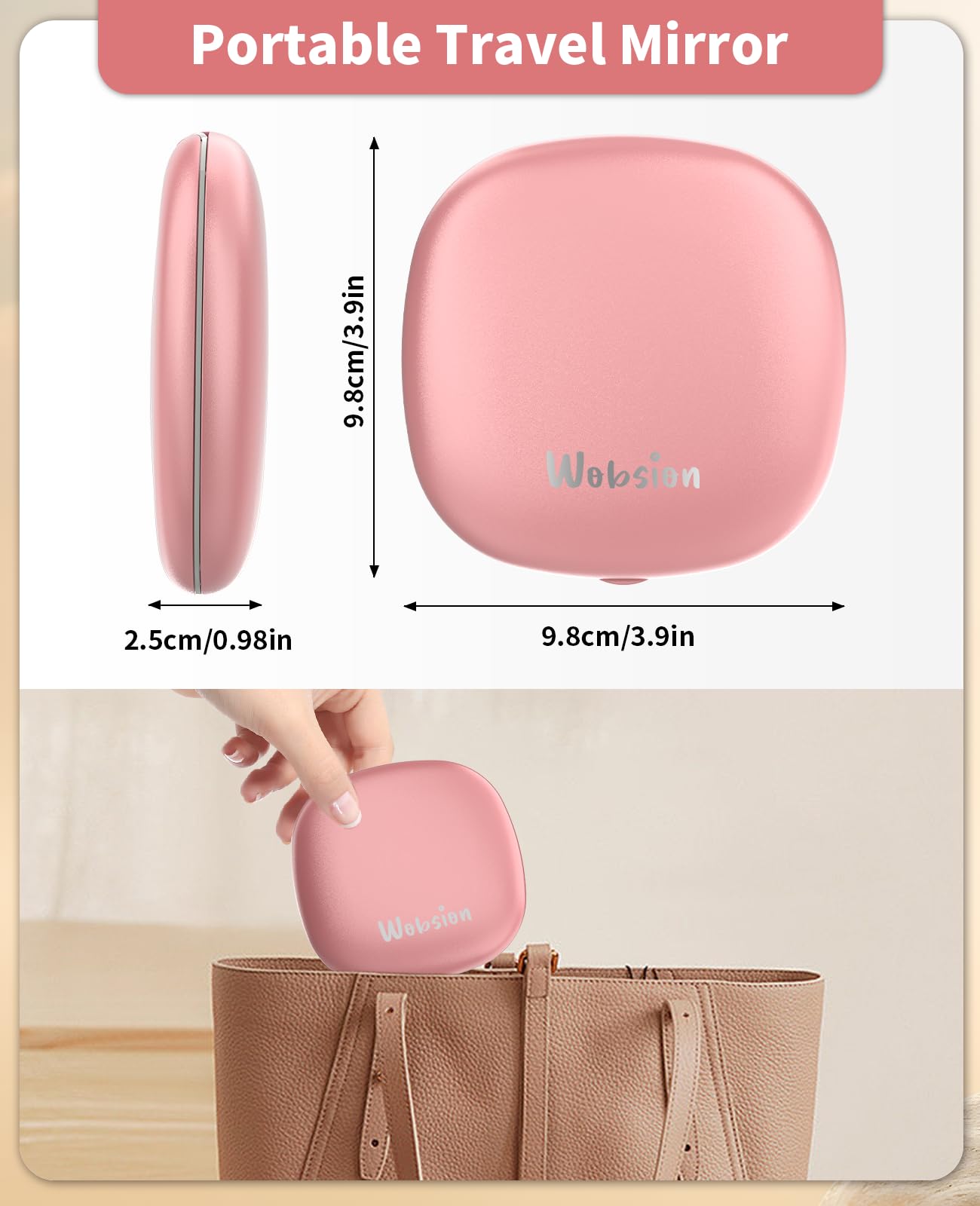 WOBSION compact 4-inch travel mirror fits neatly in a handbag