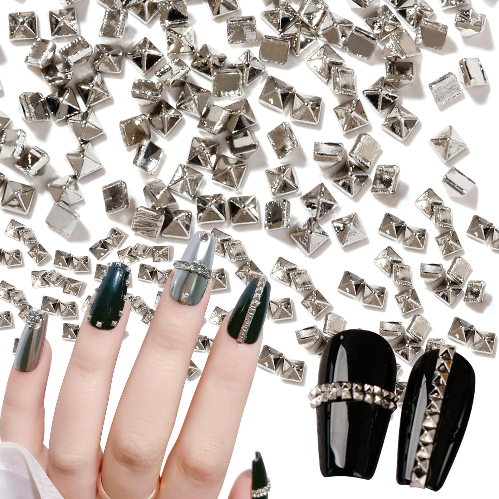 WOKOTO silver pyramid nail studs close-up showing 1-2mm size for edgy accents