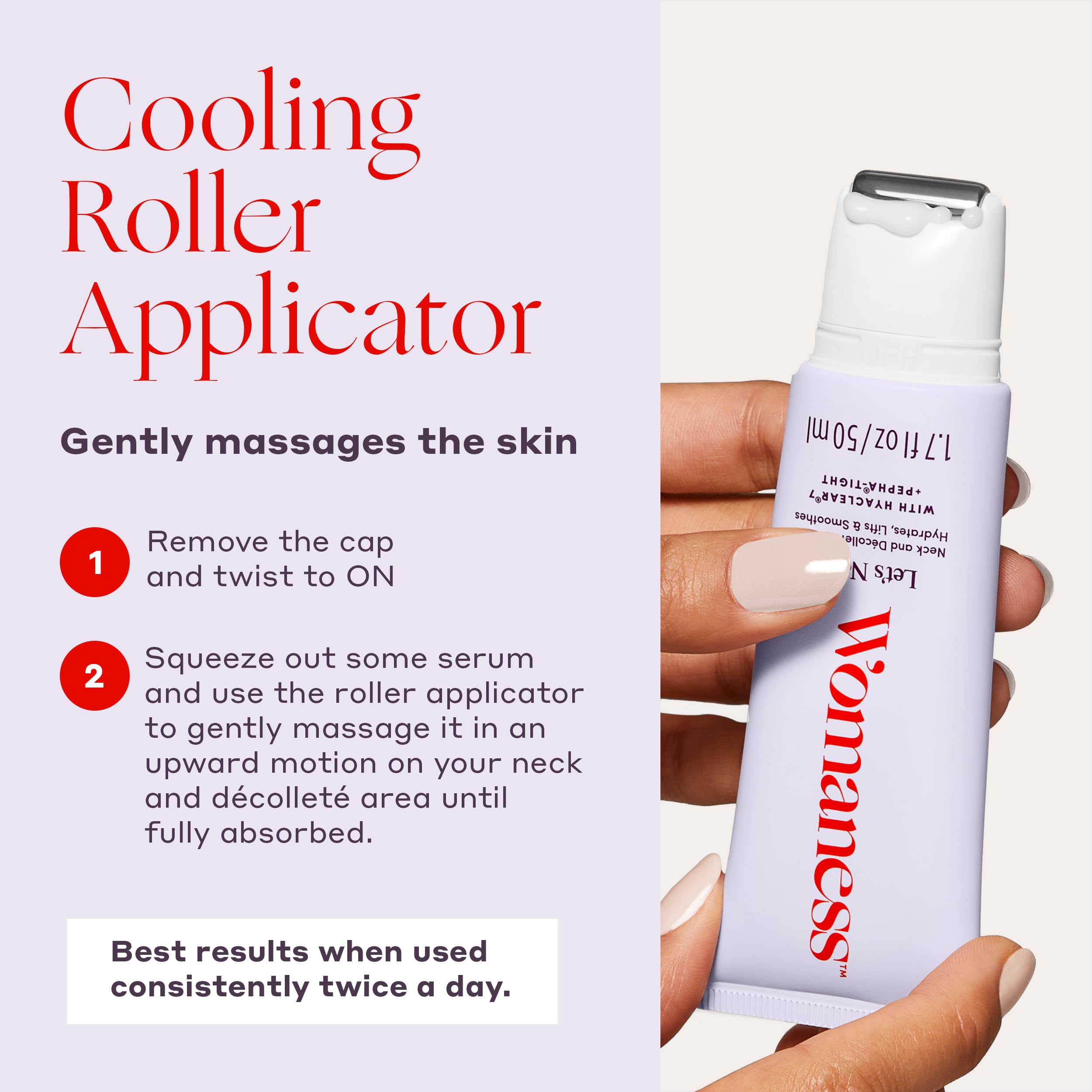 Womaness neck serum bottle closeup highlighting hydrating formula for smoother neck skin.