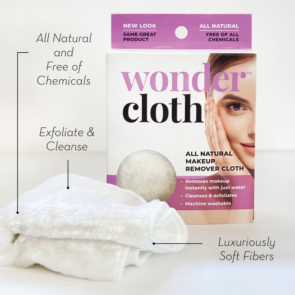 Wonder Cloth Make-Up Remover shows eye makeup removal without chemicals.
