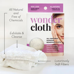 Wonder Cloth Make-Up Remover shows eye makeup removal without chemicals.