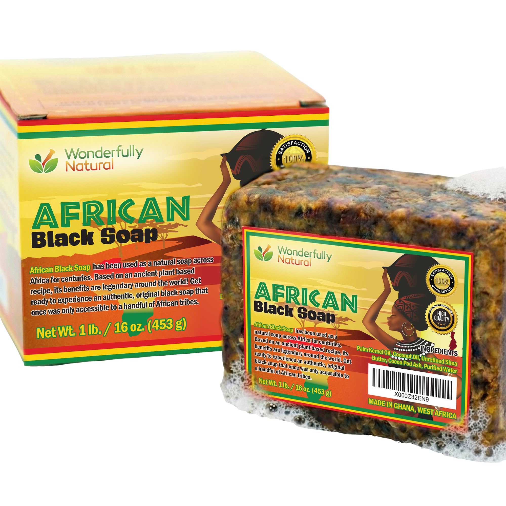 Wonderfully Natural African Black Soap bar packaging showing premium craftsmanship for daily cleansing.