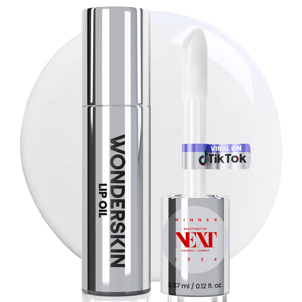 Wonderskin Lip Oil in a clear bottle delivering glossy hydration.