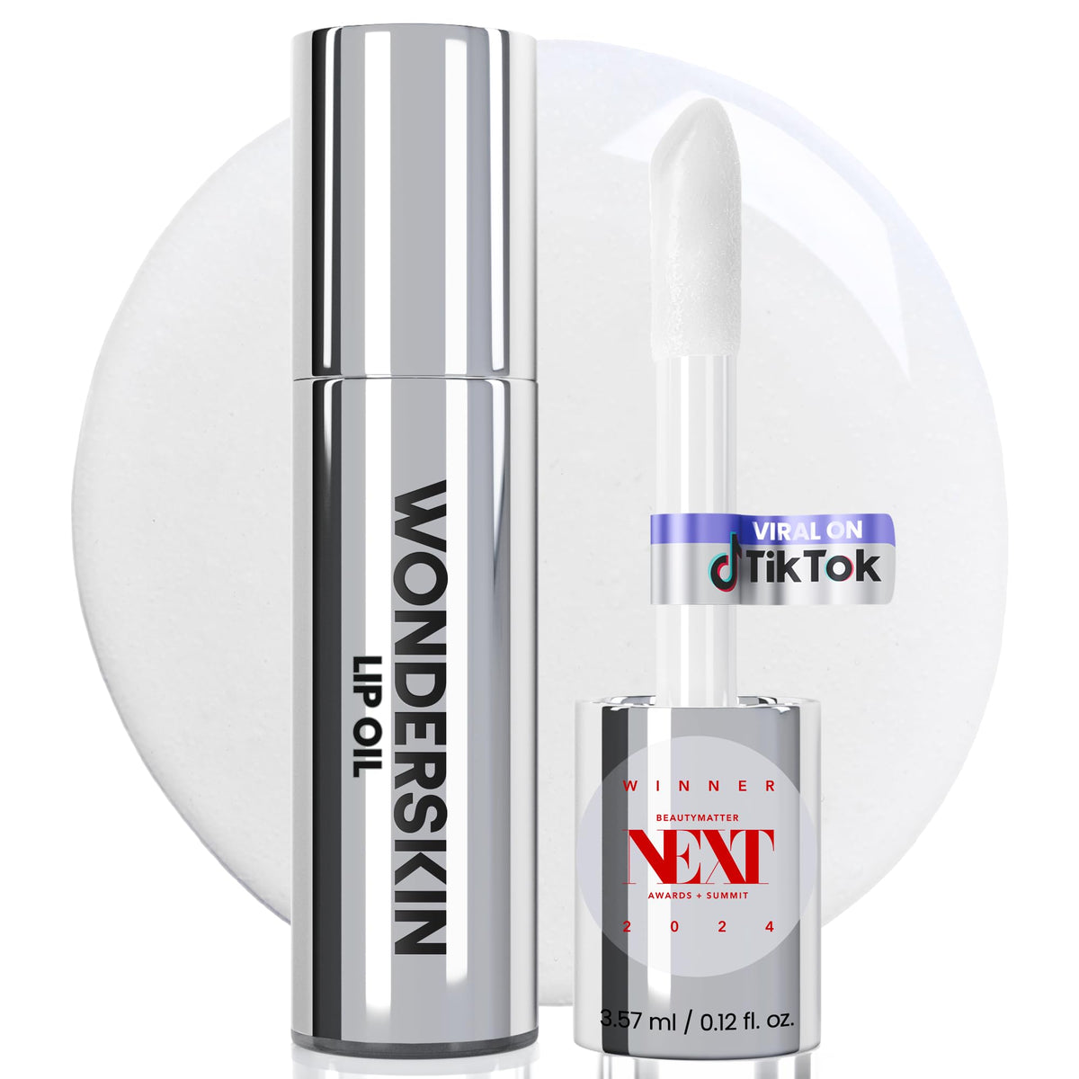 Wonderskin Lip Oil in a clear bottle delivering glossy hydration.