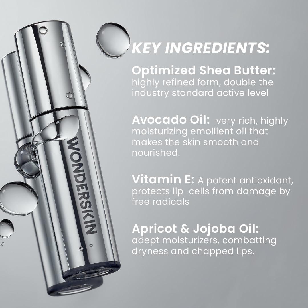 Wonderskin Lip Oil dual benefits support hydration and gentle tone enhancement.