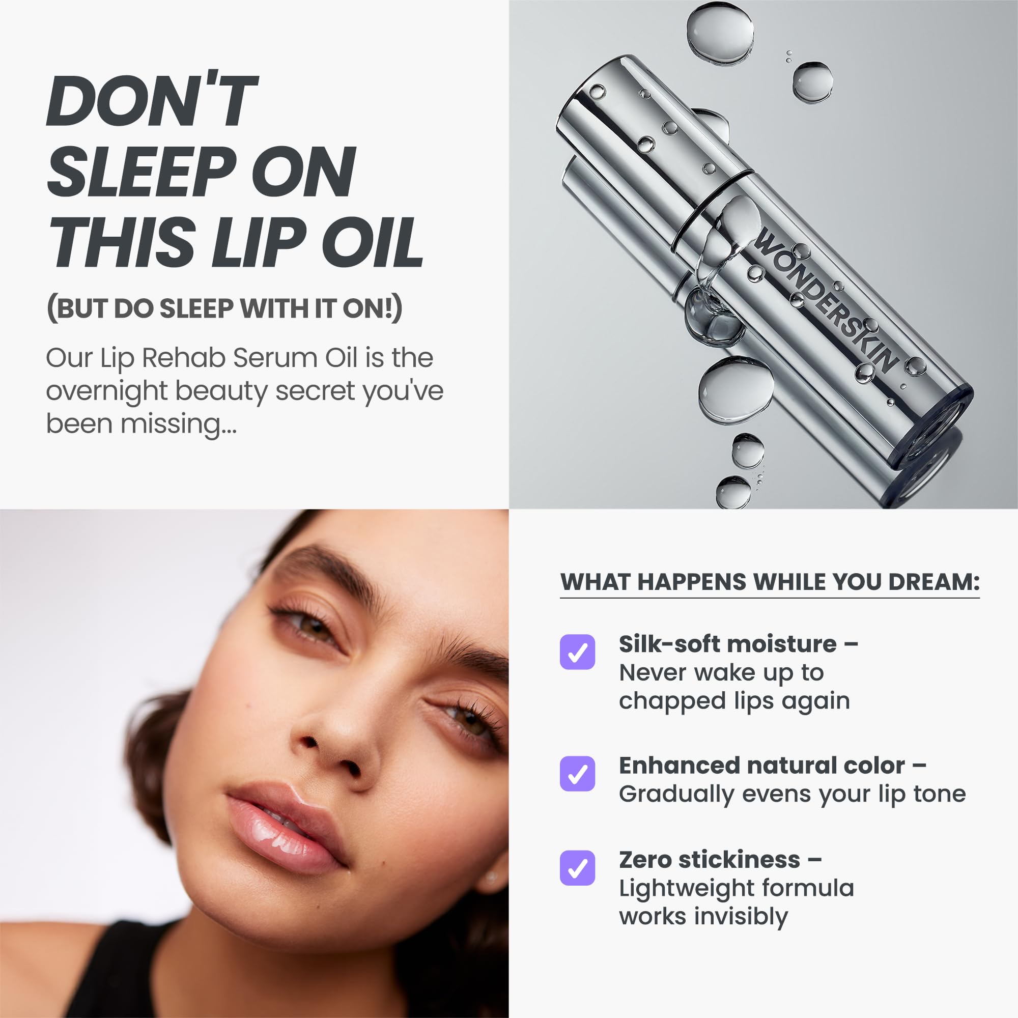 Wonderskin Lip Oil nourishes lips with deep moisture for everyday comfort.