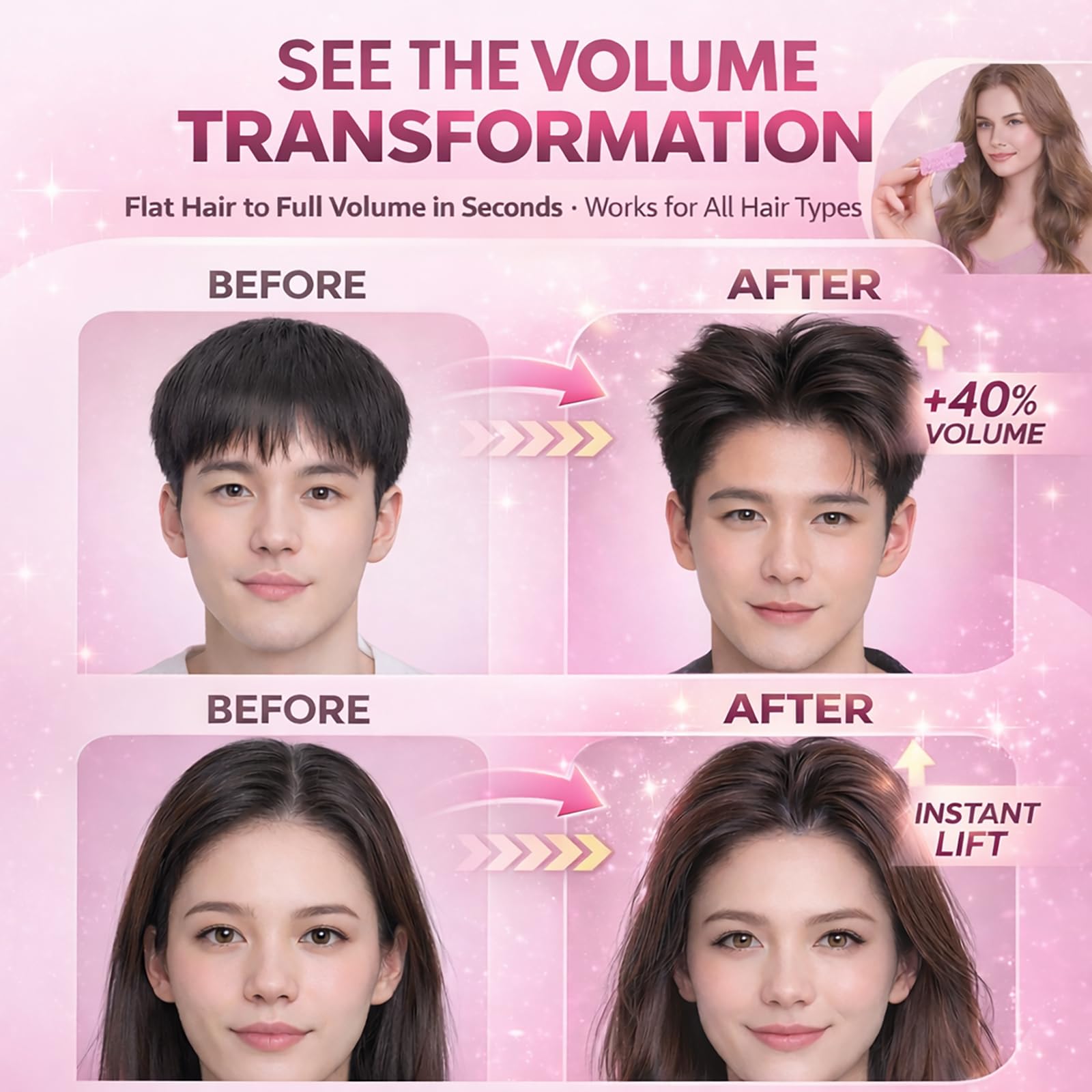 Wonglea root lift clip at crown showing fuller look during styling.