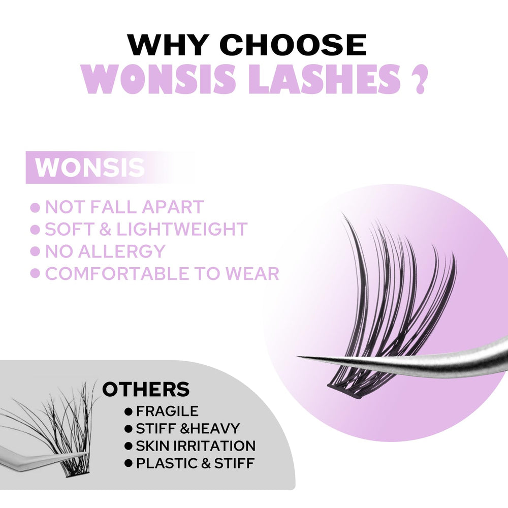 WONSIS lash clusters 8-16mm mix lengths for versatile styling.