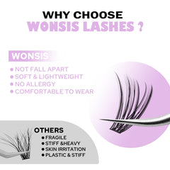 WONSIS lash clusters 8-16mm mix lengths for versatile styling.