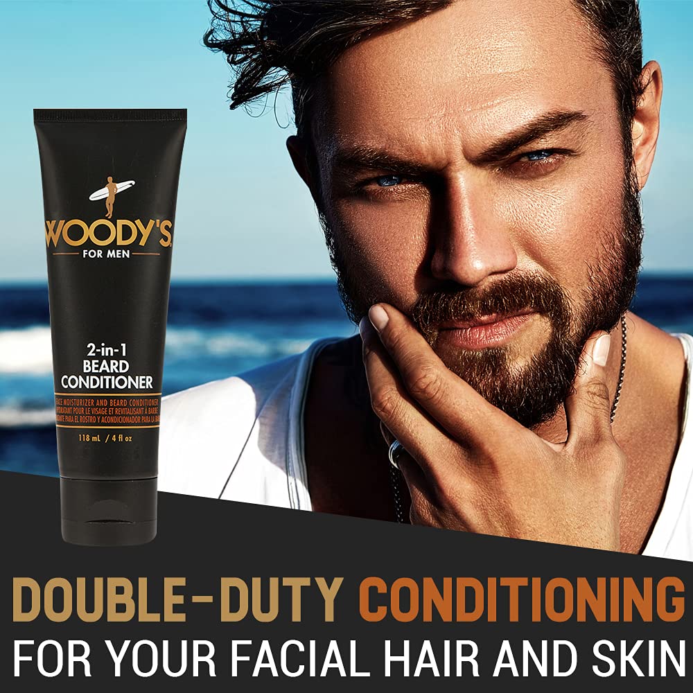 Woody's 2-in-1 beard wash bottle and lather showing cleansing and conditioning.