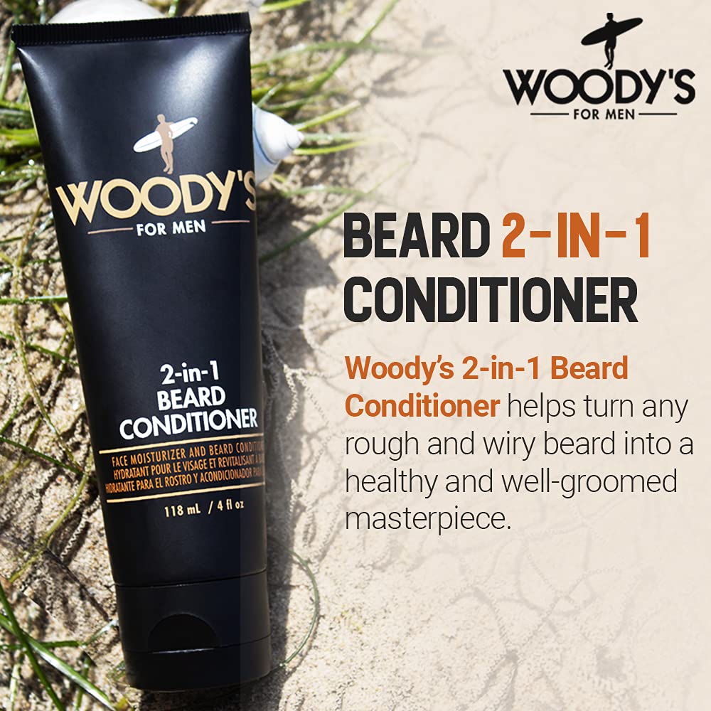 Woody's beard care ingredients panel highlighting botanical extracts for nourished skin.