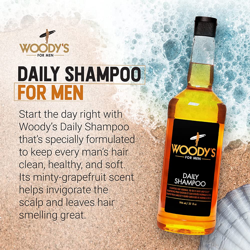 Woody's Daily Shampoo para hombres, aplicación en la palma, limpieza suave y nutritiva.